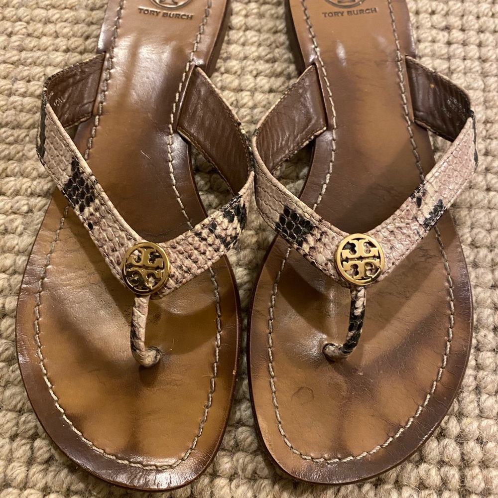 Tory Burch Tan and Black Snake Print Sandals